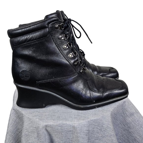 Timberland Hill Leather Square Toe Boots Sz 7 Black Lace Up Wedge Heel Victorian - Picture 3 of 16